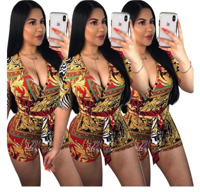 China Anti-pilling ready to ship PB8276 new fashion V-neck printed women's overalls and rompers with belt for sale