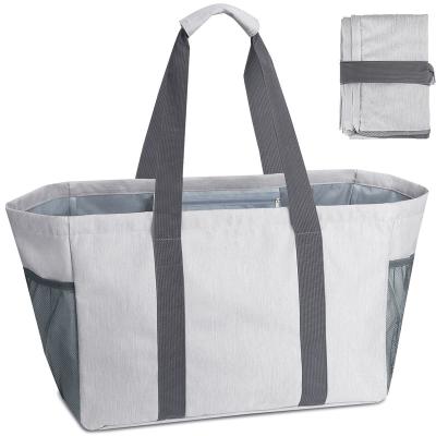 China Wholesale High Quality Handled Beach Floral White Bag Shopping Tote Bag with Interior Zipper Pocket and Mesh Side Pocket for Clothes Storage for sale