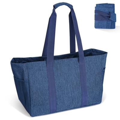 China Wholesale High Quality Handled Blue Denim Beach Bag Shopping Tote Bag with Inside Zipper Pocket and Mesh Side Pocket for Clothes Storage for sale