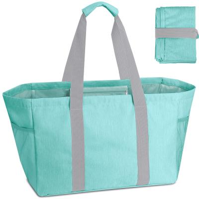 China Wholesale High Quality Handled Sea Green Beach Bag Shopping Tote Bag With Inside Zipper Pocket And Side Mesh Pocket For Traveling for sale