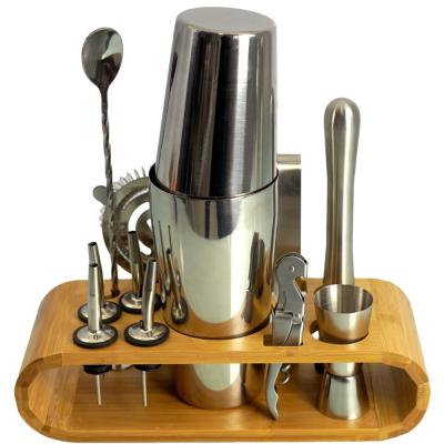 China Stylish New Design Hot Selling Bartender Kit Cocktail Shaker Set With Bamboo Stand for sale