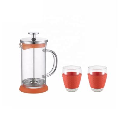 China French LID Classic Style High Borosilicate Press Set Coffee Maker Set Silicon Frame Glass Teapot Being Set With 2 Cups for sale