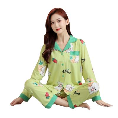 China New QUICK DRY women's long pants lapel pajamas loose long cartoon printed milk silk casual women's home wear for sale