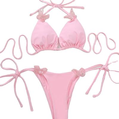 China Women Breathable Pink Swimwear Low Waist Outdoor Backless Pieces Both Set Bikini With Butterfly for sale