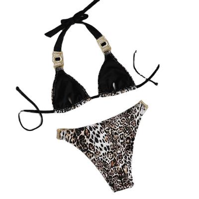 China INS Breathable 2022 Summer Vacation Sexy Leopard Print Low Rise Push Up Padded Ladies Swimwear With Rhinestone for sale