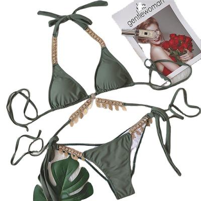 China Fashion Breathable Holiday Ins Sexy Bandage Chain Lift Up Green Padded Two Piece Women Swimwear Set for sale