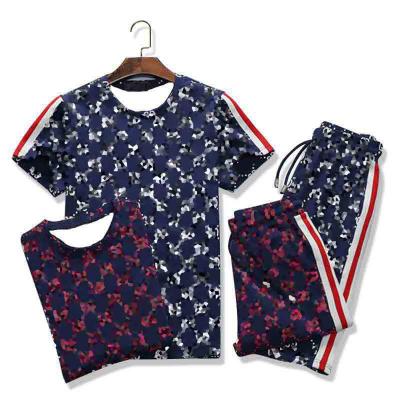 China New Summer Letter Print Casual Suit Round Neck Shirt Shorts Pants Two Piece Set for sale