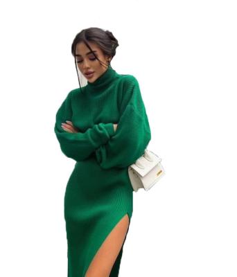 China Anti-Wrinkle Women Knitted Sweater Dress Solid Color Suit Ladies Sexy Winter Knit Elegant Turtle Neck Sweater Split Long Skirt Two Piece Set for sale