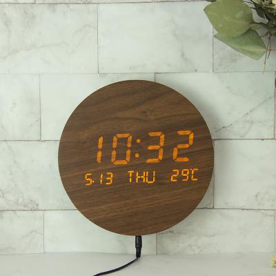 China Class The Novelty Sale Wooden Clock Home Decor Wooden LED Wall Clock Time Calendar Temperature Digital Silent Wall Decor for sale