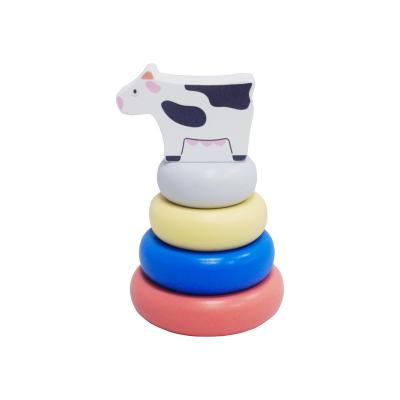 China Wooden Animal Stacker Stacking Tower with Rings And Cow Animals for Little Baby 8.3x8.3x13.5cm for sale