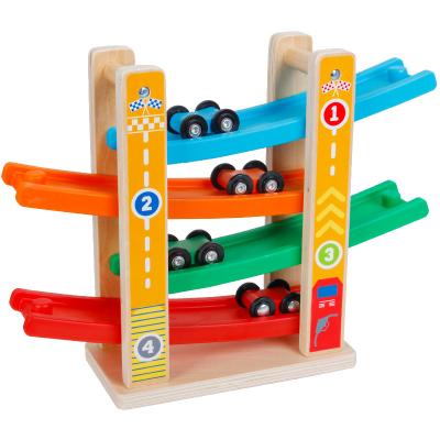 China Wholesale Montessori Educational Toy Wooden Toys Clack Race Track Ramp Slide Zag Car  with 4 Mini Cars 30.5*9.5*23.7cm for sale