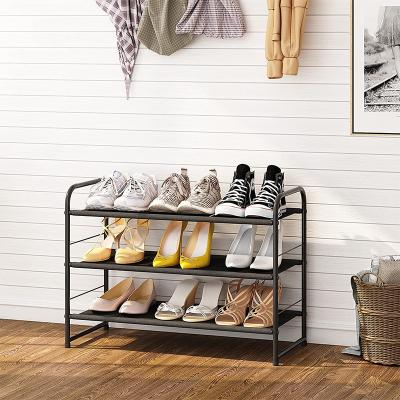 China Adjustable (Size) Customized Wholesale 4 Layer Shoe Rack With Side Storage Bag Metal Shoe Storage Hanging Rack Can Be Stacked Combination for sale