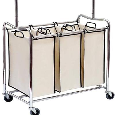 China Handles 4 Bag Removable Laundry Hamper Sorter, Chrome, High Capacity, Rolling Wheels for sale