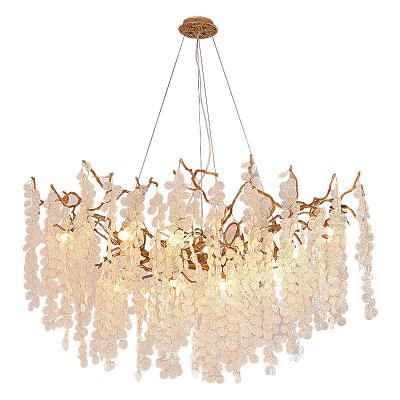 China Luxury Copper Glass Leaves Crystal Light LED Modern Bedroom Living Room Gold Chandelier for sale