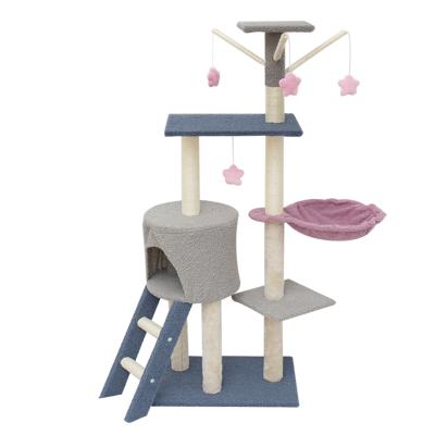 China Sustainable Large Size Luxury Pet Cat Tree House Condo Furniture Cat Climbing Tree With Hammock Multilevel Colorful Wooden Scratch for sale