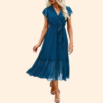 China Women Summer Wrap Breathable V-Neck Ruffle Swing Edge Sleeveless Pleated Floral Boho Midi Casual Dress for sale