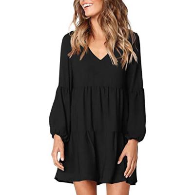 China Breathable Summer V Neck Cheap Tunic Pleated Loose Knee Length Casual Dress For Women Dress Flowy Relief Team Dresses for sale