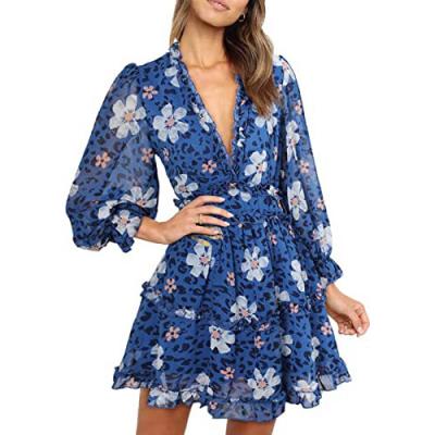 China Breathable Sexy High Waist Beach Maid Floral Deep V-Neckline With Keyhole Flared Sleeves Dress Mini Dresses Women for sale