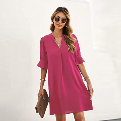 China Breathable Girls Casual Dress Cute Solid Color V-Neck Short Sweet Summer Dresses Shift Dress For Women for sale