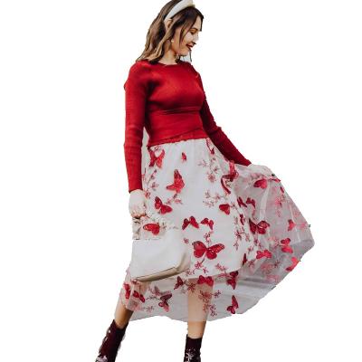 China Breathable Acrylic Knit Spliced ​​3D Posy Butterfly Double-Layered Mesh Women's Skirts For Elegant Women for sale