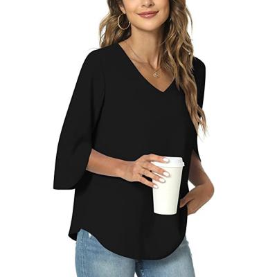 China Women's Breathable Casual Blouses Shirts V-Neck Scoop Tunic Chiffon T-shirt Summer Tops Vintage Elegant for sale