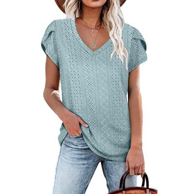 China Women's Summer T-Shirt V-neck Breathable Carnation Petal Sheath Elegant Casual Tops For Women for sale