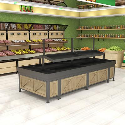 China Double Sided Supermarket Retail Store Shelves Wood Produce Fruit Rack Display Stand And Vegetable Rack With Stage Riser For Fruit for sale