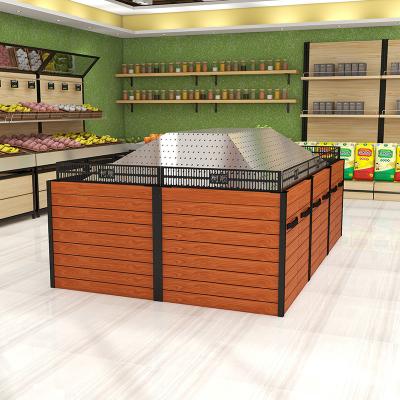 China New design double-sided wooden vegetable and fruit display rack with storageshelves supermarket fruit and vegetable display rack for sale