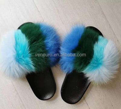 China Multi Colors Fur Sandals Fox Fur Slides Breathable Real Fur Slippers Wholesale Outdoor Slides For Women for sale