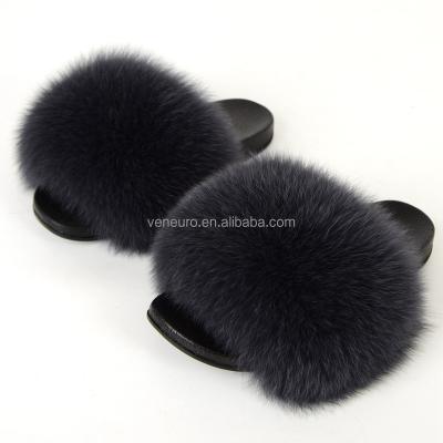 China 2021 Large Breathable Hairy Fluffy Fox Fur Slides Women Sandals Slippers Fashion Real Fox Fur Slippers Wholesale for sale