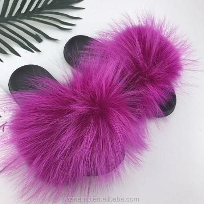 China Quick-Drying Soft Raccoon Fur Slippers for Women Custom Made Women's Fur Slide Sandals Fashion Fur Slides for sale