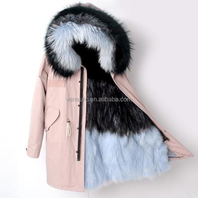 China Winter 3 Colors Fox Fur Collar Wholesale Warm Ladies Fox Fur Liner Coat Women Long Fur Parka Jacket for sale