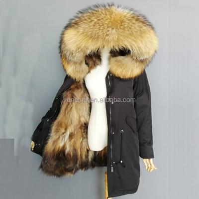 China Winter Ladies Raccoon Fur Liner Coat Women's Long Fur Parka Jacket Warm Wholesale Raccoon Fur Collar for sale