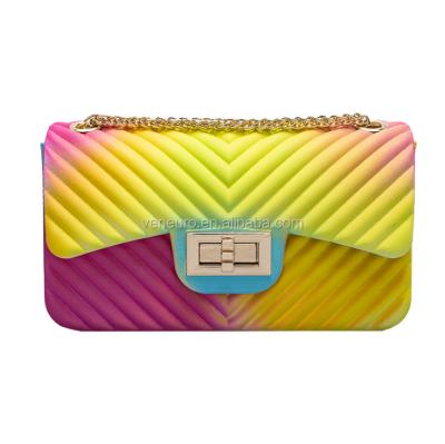 China Casual Fashion PVC Rainbow Jelly Purse Bags Women Long Chains Cross - Body Colorful Jelly Bags for sale