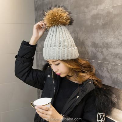 China COMMON large raccoon fur ball knitted wool hat women and children knitted winter pom poms hats for sale