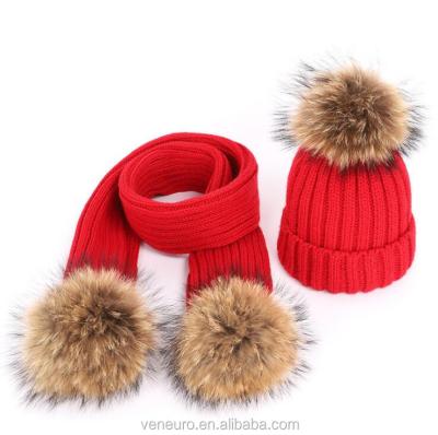 China Big real JOINT wholesale raccoon fur balls knitted wool hat knitted kids winter fur balls 3 hats and warm scarf sets for sale