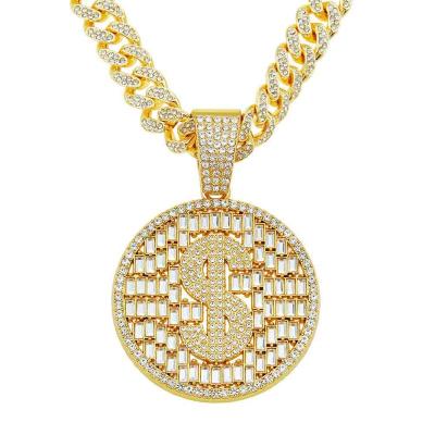 China Exaggerate hip-hop full diamond dollar round card hollowed- out cool overbearing Cuban chain pendant necklace men's exaggerated accessories for sale