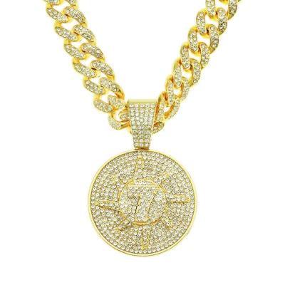 China FASHIONABLE hip-hop three-dimensional diamond inlaid number 7 round necklace men's hip-hop aggressive dance Cuban chain accessories for sale