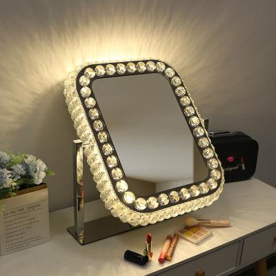 China LED Square Crystal Lighted Hollywood Makeup Vanity Mirror 3 Colors Stainless Steel HD Lighted Vanity Mirror with Lights Princess Mirror for sale