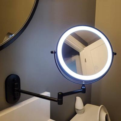 China 8 Inch Led Magnifying Mirror Lighted With 3 Color Lights Hinging Bathroom Mirror Matt Nickel for sale