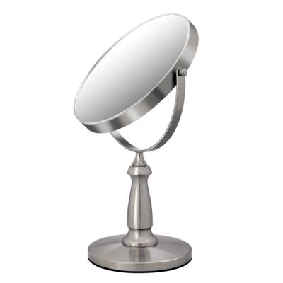 China Magnifying Round Satin Nickel Metal Table Standing Mirror for sale