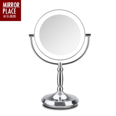 China Round Led Lighted Speaker Makeup Mirror With Rechargeable USB Battery Cable Light Double Sided Magnifier Mirror for sale