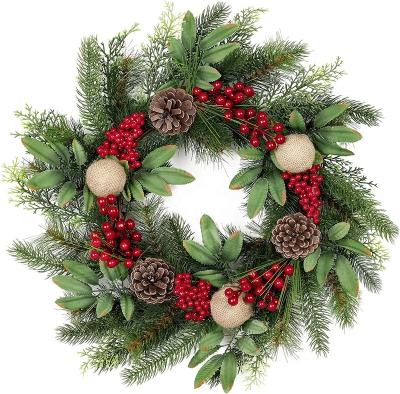 China Beautiful 18inch Christmas Wreath for Front Door, Handcrafted Garland with Variable Red Berry and Evergreen Leaf, Xmas-Decor Rattan Stocking for sale