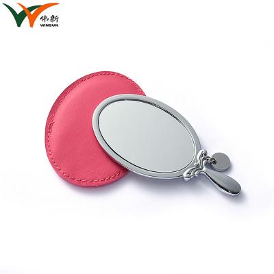 China Customized silver metal hand-held cosmetic mirror, fashionable PU Pocket Mirror for sale