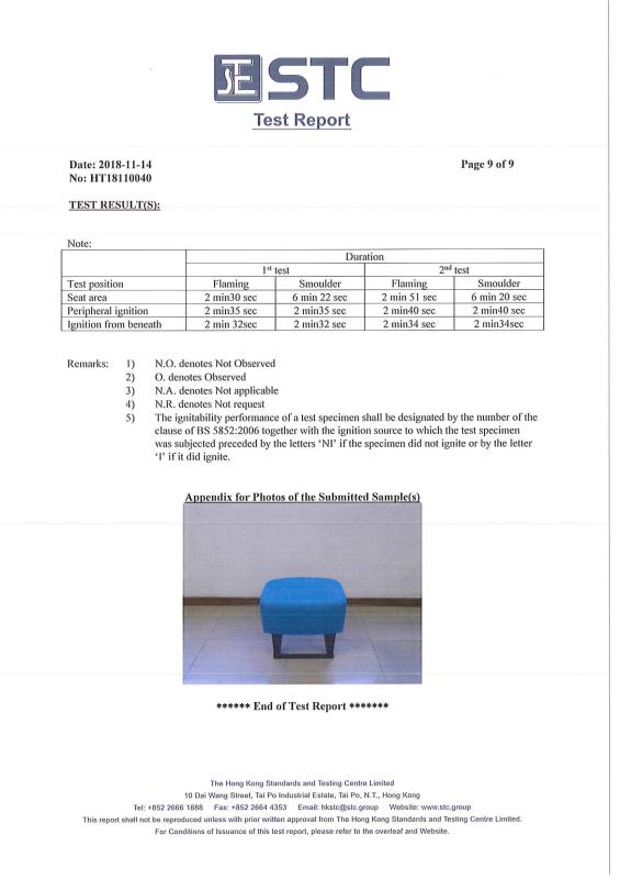 BS5852 Fire Test - Burgeon Sports Facilities Co., Limited