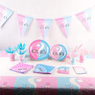 China Disposable Eco-friendly Gender Revealed Party Tableware Set Newborn Party Decoration Disposable Tableware for sale