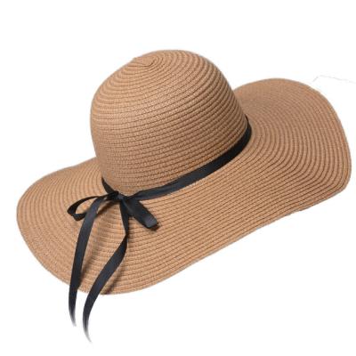 China Striped Women's Straw Floppy Wide Brim With UV Protection Roll Up Beach Sun Hat for sale