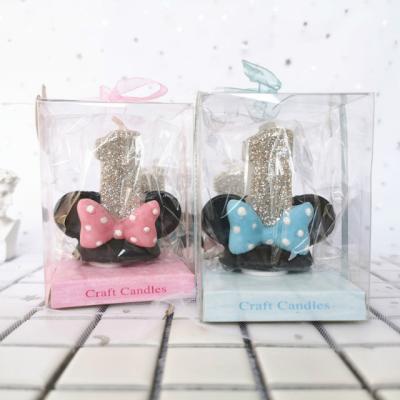 China Cute Blue Relighting Candle 1st Birthday And Pink Creative Bow Decorated Glitter Cake Topper Cake Candles for sale