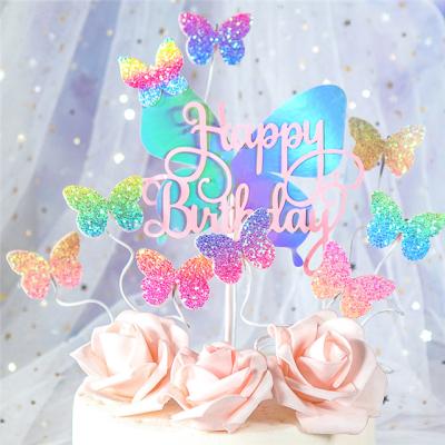 China Happy Birthday Cake Handmade Butterfly Color Laser Cake Decorating Birthday Party Plug-in Dress for sale