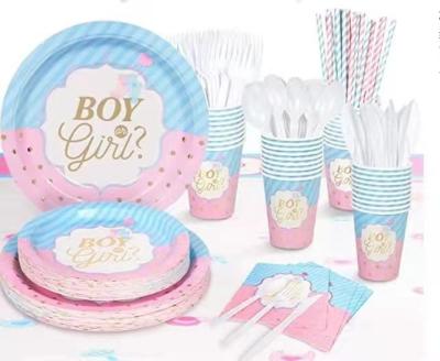 China 16 Pcs Fashionable Factory Wholesale Eco-Friendly Kind Reveal Party Dinner Dishes Baby Shower Boy Or Girl Disposable Paper Tableware for sale